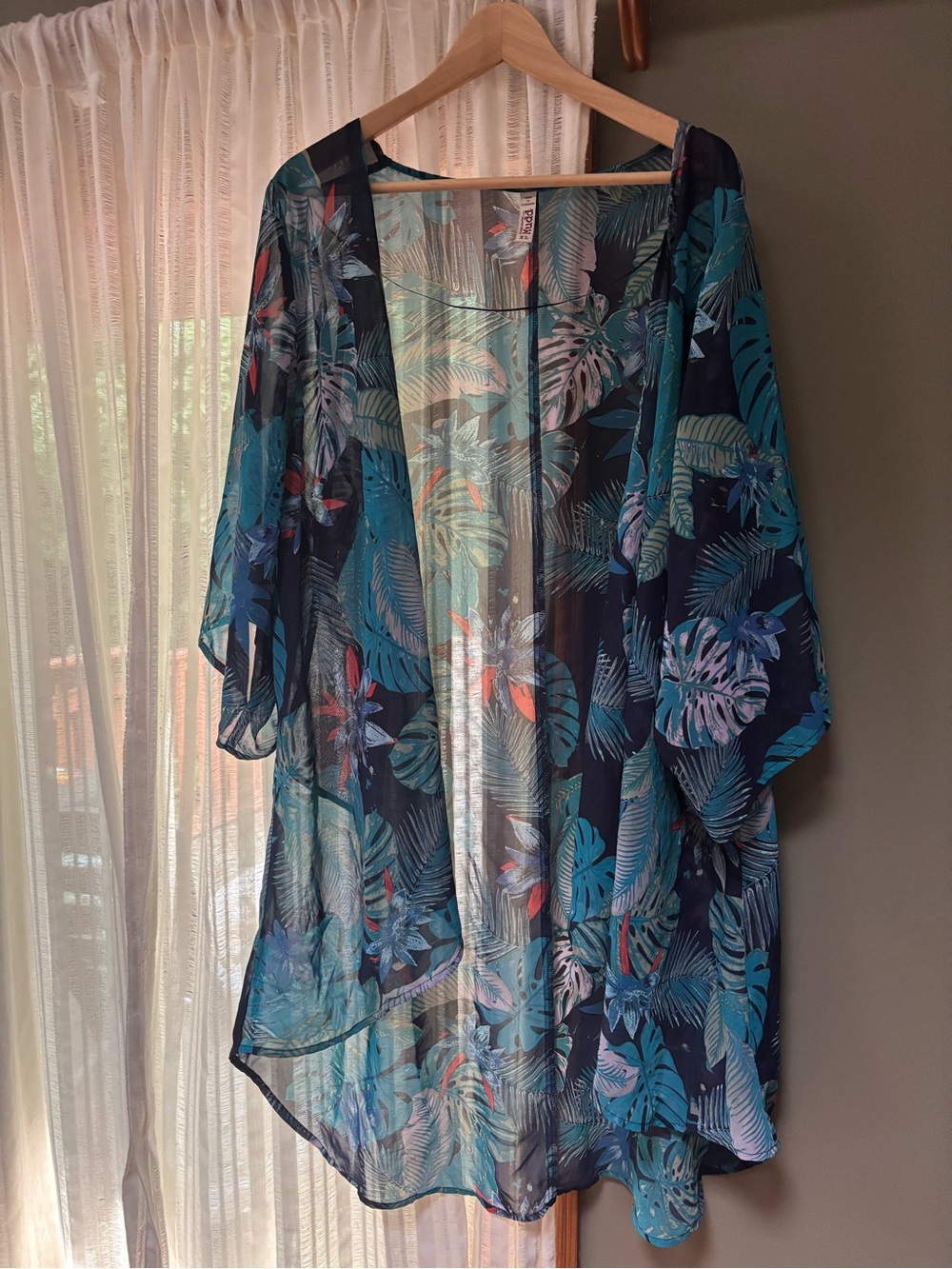 Mudd Sheer Tropical Kimono Robe in Navy & Teal